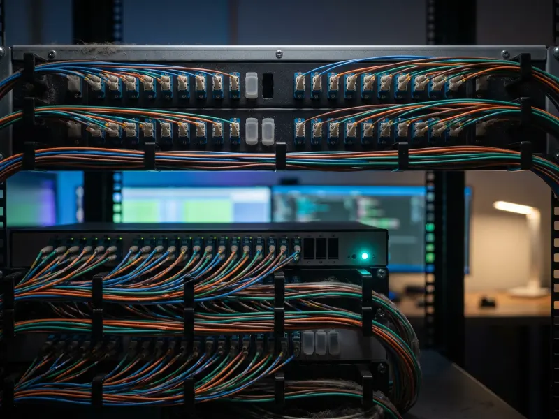 Panel de conexiones de fibra óptica con los latiguillos guiados y sujetos en recorridos ordenados, agrupados por color.