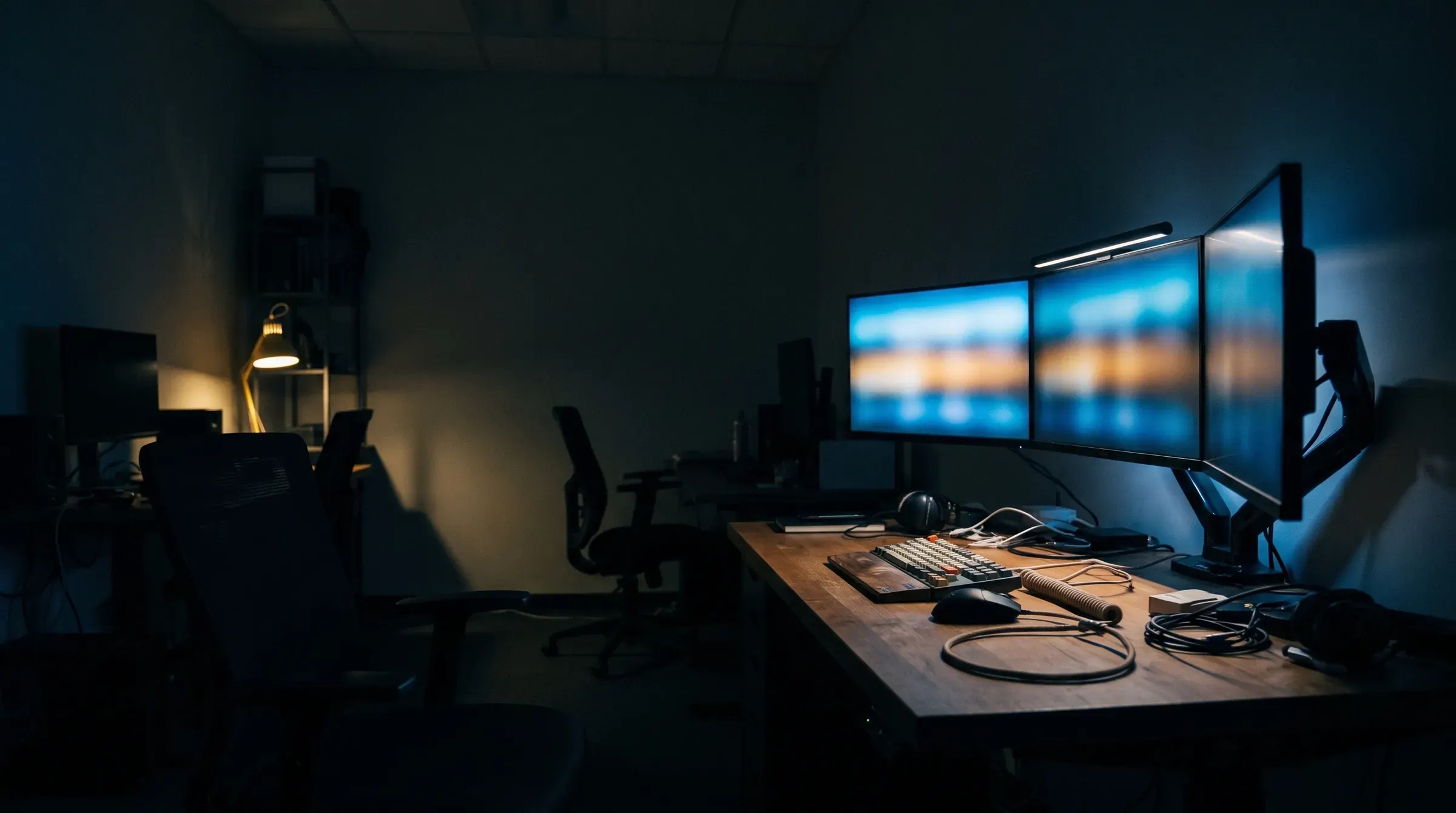 Puesto de trabajo de un estudio de software de noche, con dos monitores encendidos como única fuente de luz de la sala.