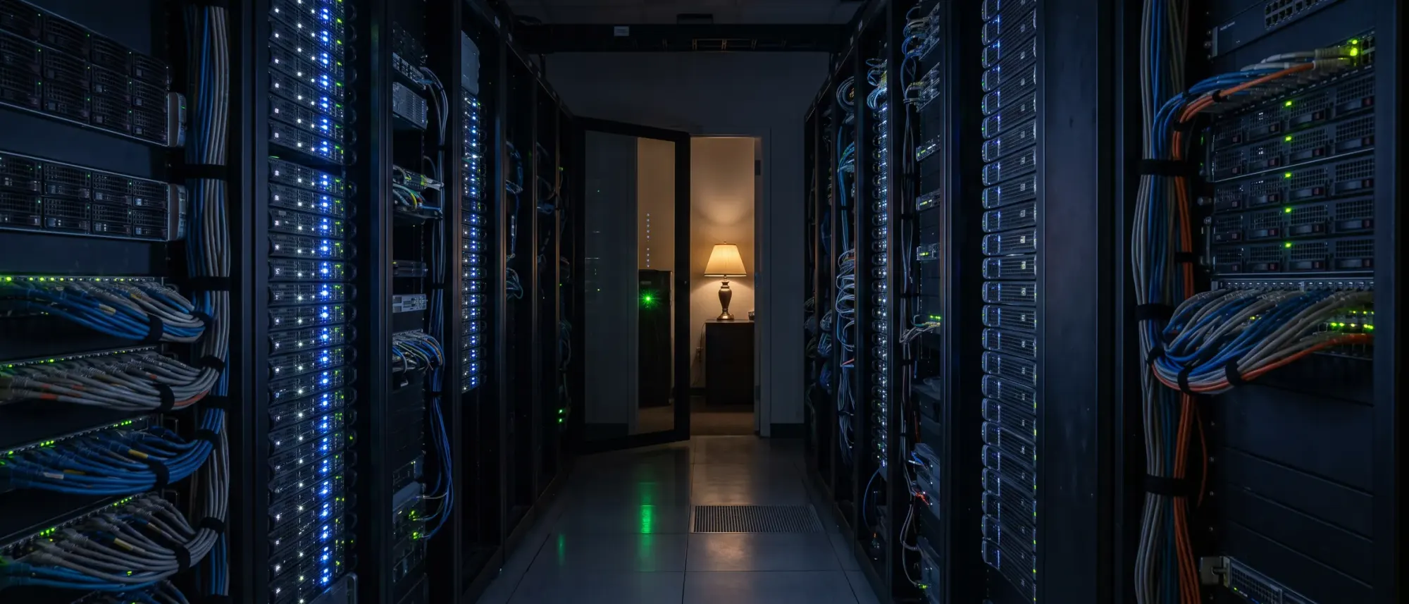 Pasillo de bastidores de servidores en una sala oscura, con los indicadores luminosos alineados en vertical.