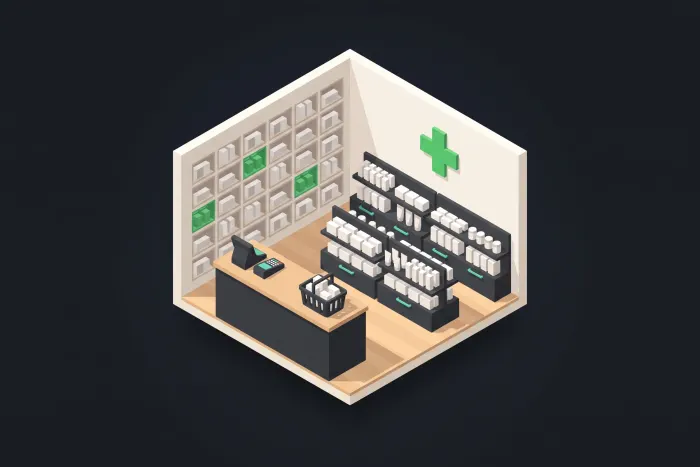Ilustración isométrica de una farmacia, con el mostrador de despacho al frente y la pared de cajones de medicamentos al fondo.
