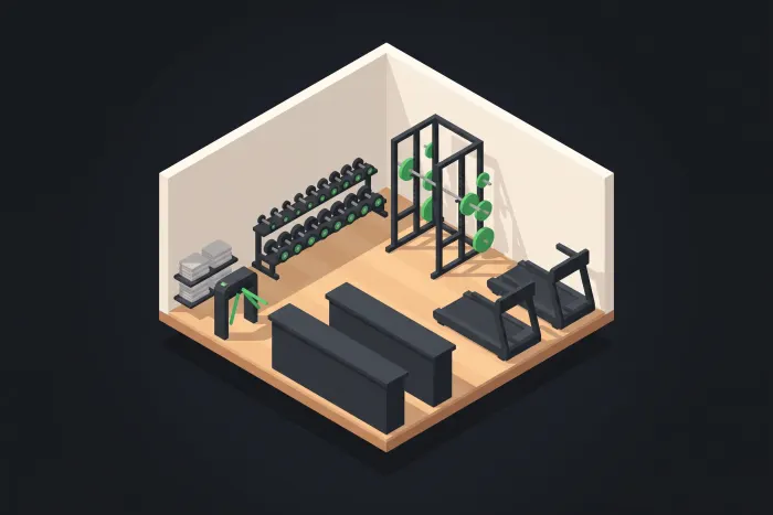 Ilustración isométrica de un gimnasio, con el mostrador de recepción al frente y las máquinas y pesas al fondo.