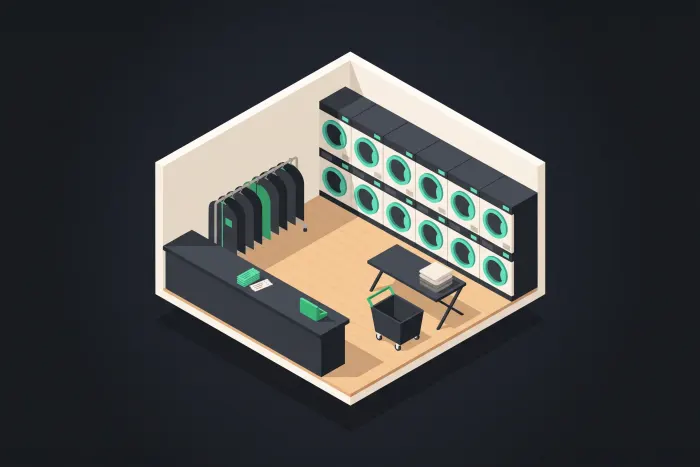 Ilustración isométrica de una lavandería, con el mostrador de recepción al frente y una fila de lavadoras industriales al fondo.