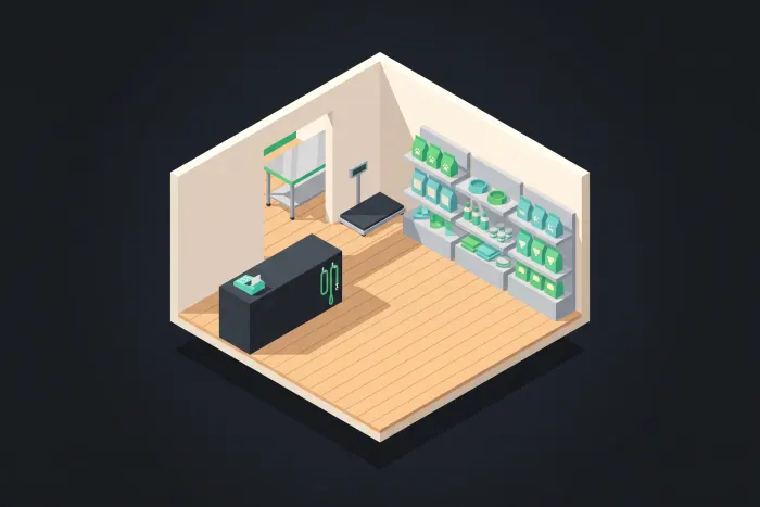 Ilustración isométrica de una veterinaria, con el mostrador de recepción al frente y la mesa de exploración al fondo.